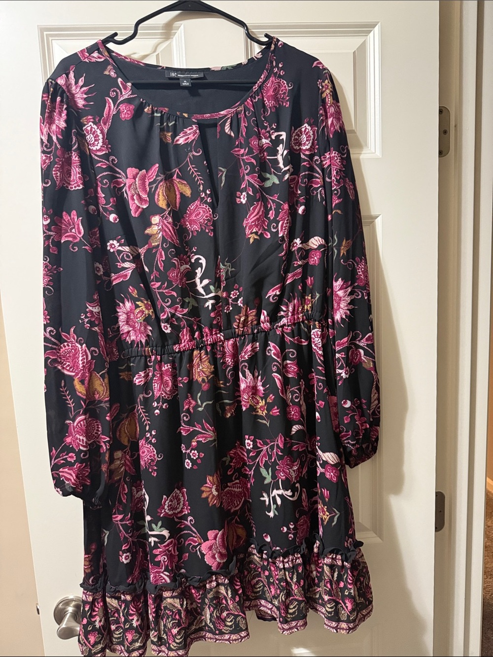 INC International Concepts Black Floral Blouse with Pink and Gold Accents